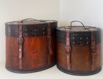Pair Of Leather & Wood Decorative Storage
