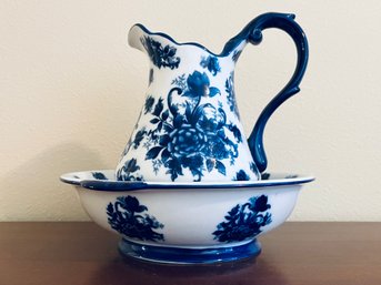 Vintage Blue And White Floral Pitcher And Wash Bowl