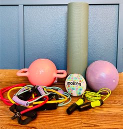Grouping Of Gym Supplies Including Mat, Resistance Bands, Jump Rope & More