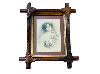 Antique Portrait Of Lady In Hand Carved Wood Frame