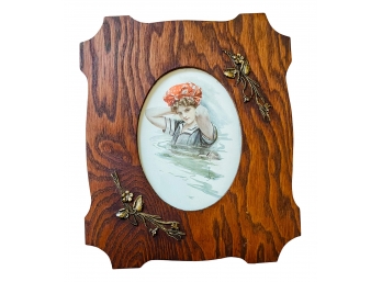 Antique Print Of Girl In Swimsuit In Wooden Frame