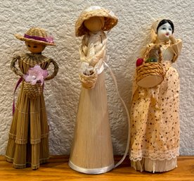 Trio Of Hand Crafted Straw Dolls