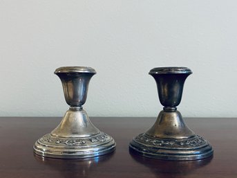 Pair Of Sterling Cement Base Candlestick Holders