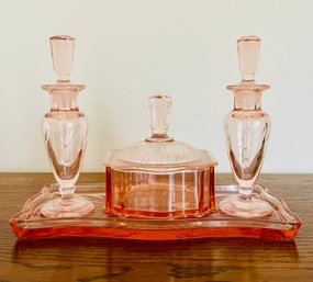 Art Deco Pink Depression Glass Vanity Set