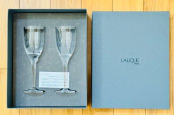 Lalique Champagne Glasses Set Of 2 Angel Wing Face Fluted 8 Inch Crystal France