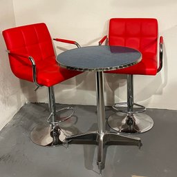 Bistro Set With Reflective Teal Table And Bright Red Seats