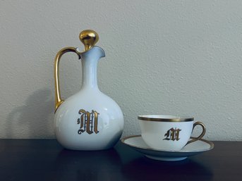 Gold And White Painted M Decanter And Teacup