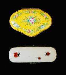 Limoges France Porcelain Flower And Lady Bug Trinket Boxes