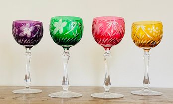 4 Colored Glass Etched Wine Glasses 1 Of 2