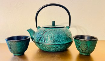 Japanese Evergreen Bamboo Forest Green Cast Iron Tea Pot Set