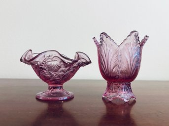 Vintage Fenton Art Glass Tulip Shape Pink Votive And Strawberry Pattern Sherbet Jam Ruffled Bowl Pink Dish