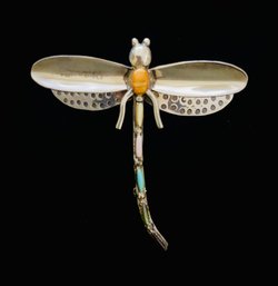 Signed Sterling Silver Multistone Dragonfly Brooch