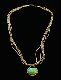 LMY Signed Sterling Silver Turquoise Pendant In Multi Strand Necklace