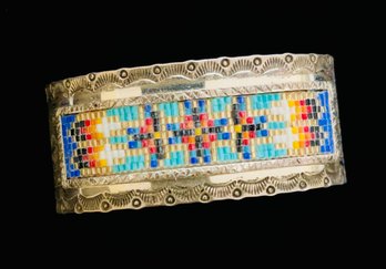 Wil Vira Signed Native American Beaded Sterling Silver Cuff Bracelet