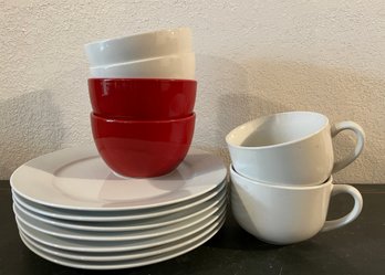 Red And White Stoneware Plates, Bowls And Latte Mugs