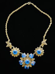 1940s Wire Sculpted Filigree Necklace With Blue Art Glass