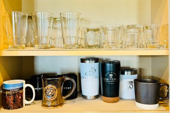 Lot Of Kitchen Drinware Essentials With Coffee Mugs, Water Glasses And Rock Glasses