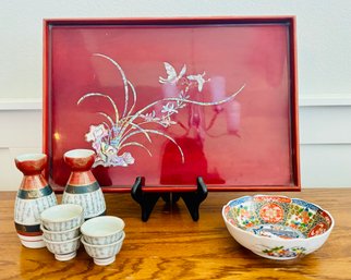 Vintage Sake Set With Mother Of Pearl Inlaid Tray