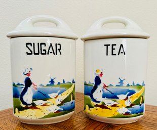 Hand Painted Porcelain Sugar & Tea Canisters Made In Czechoslovakia