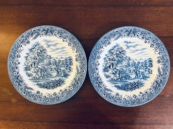 Pair Of Currier And Ives Harvest Blue And White Plates
