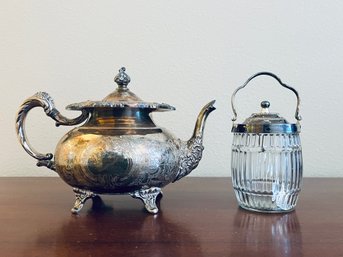 Silver Plate Teapot And Glass Biscuit Barrel