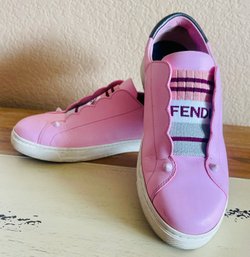 Genuine Fendi Shoes Womens 37 Pink Rockoclick Knit Logo Scallop Slip On Sneaker
