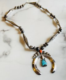 Old Pawn Sterling Silver Squash Blossom Necklace With Coral And Turquoise Stones