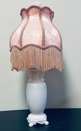 Aladdin Alacite Glass Ivory Electric Brass Table Lamp 1940's Footed With Pink Fringe Shade