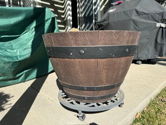 Faux Wood Plastic Outdoor Planter With Metal Wheeled Base 2 Of 2