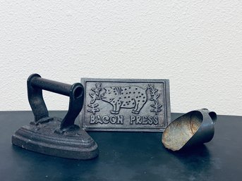 Cast Iron Bacon Press, Metal Scoop And Iron