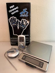 Oxo Food Scale, Bluefire Pro Cooking Gloves, Oregon Scientific Wireless Thermometer