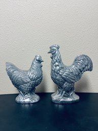 Pair Of Vintage Silver Painted Chciken And Rooster Figurines