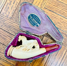 Vintage Meerschaum Carved Horse With Dog Pipe Including Case
