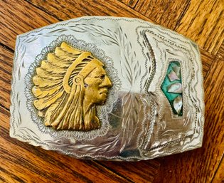 Vintage Native American Chief Belt Buckle With Turquoise & Abalone Inlay