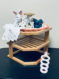 Small Wooden Storage Shelf, Spaghetti Portion, And Rabbit With Tray