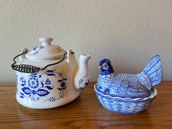Ceramic Teapot And Lidded Hen Dish