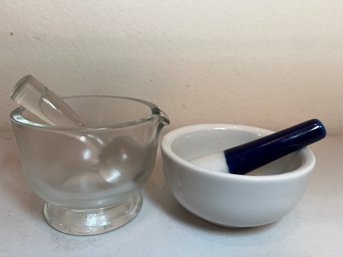 Two Mortar And Pestles One Ceramic One Glass