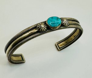 Vintage Signed GB George Begay Navajo Sterling Silver Cuff Bracelet With Turquoise Accent