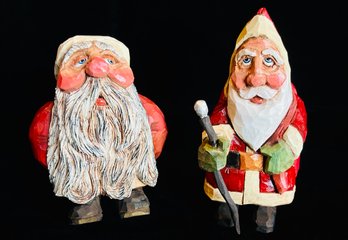 Duo Of Handcarved Wooden Santa Clauses