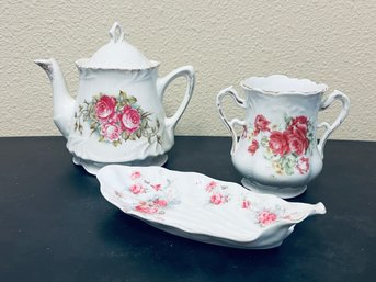 Pink Roses Porcelain Tray, Tea Pot And Sugar Holder