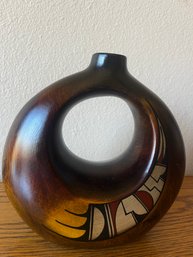 Southwestern Vase Open Center Hole Black To Red Ombre Paint, Signed - Made In Mexico