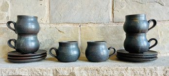 6PC Studio Pottery Glazed Clay Mugs & Saucers