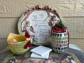 Assortment Of Outdoor Decor Including Sign And Glass Bowls