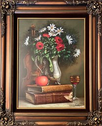 Original Roberto Lupetti ' Daisies And Violin ' Oil On Canvas Painting