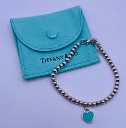 Tiffany & Co. 925 Silver Blue Enamel Mini RTT Heart Tag 7' Bead Bracelet (pouch)