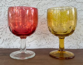 Two Cranberry And Amber Glass Goblets