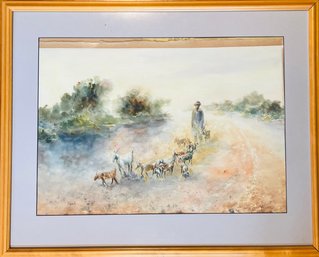 Watercolor Framed Painting, Man With Goats