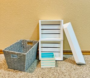 Bundle Of Organizing Wood Bins, Basket, And Shelf