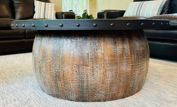 Planked Wood Round Coffee Table With Metal Rivets Accents