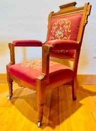 Ornate Wooden Chair With Embroidered Back And Seat Cushion